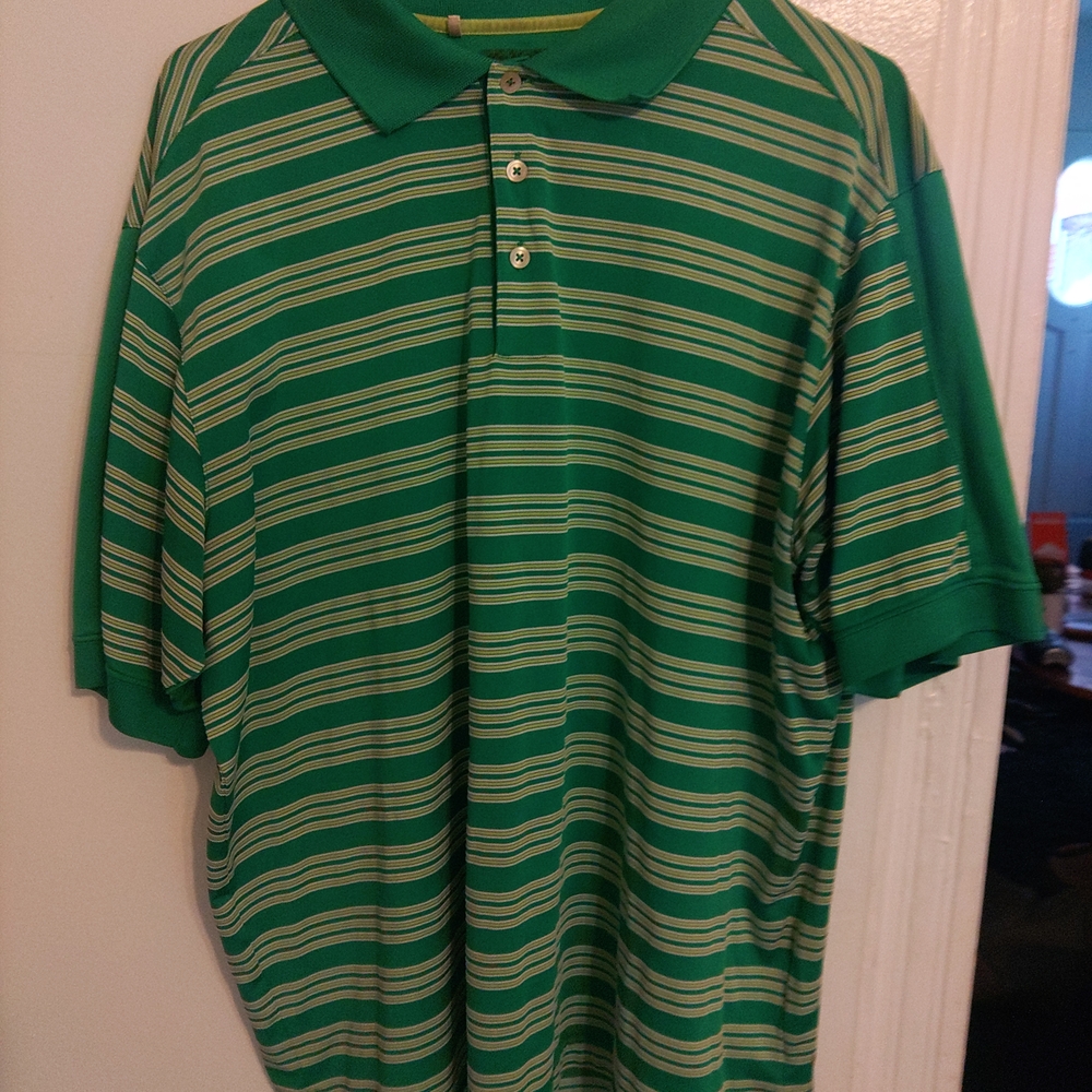 Vintage Adidas 90's Green and White Striped Polo Shirt